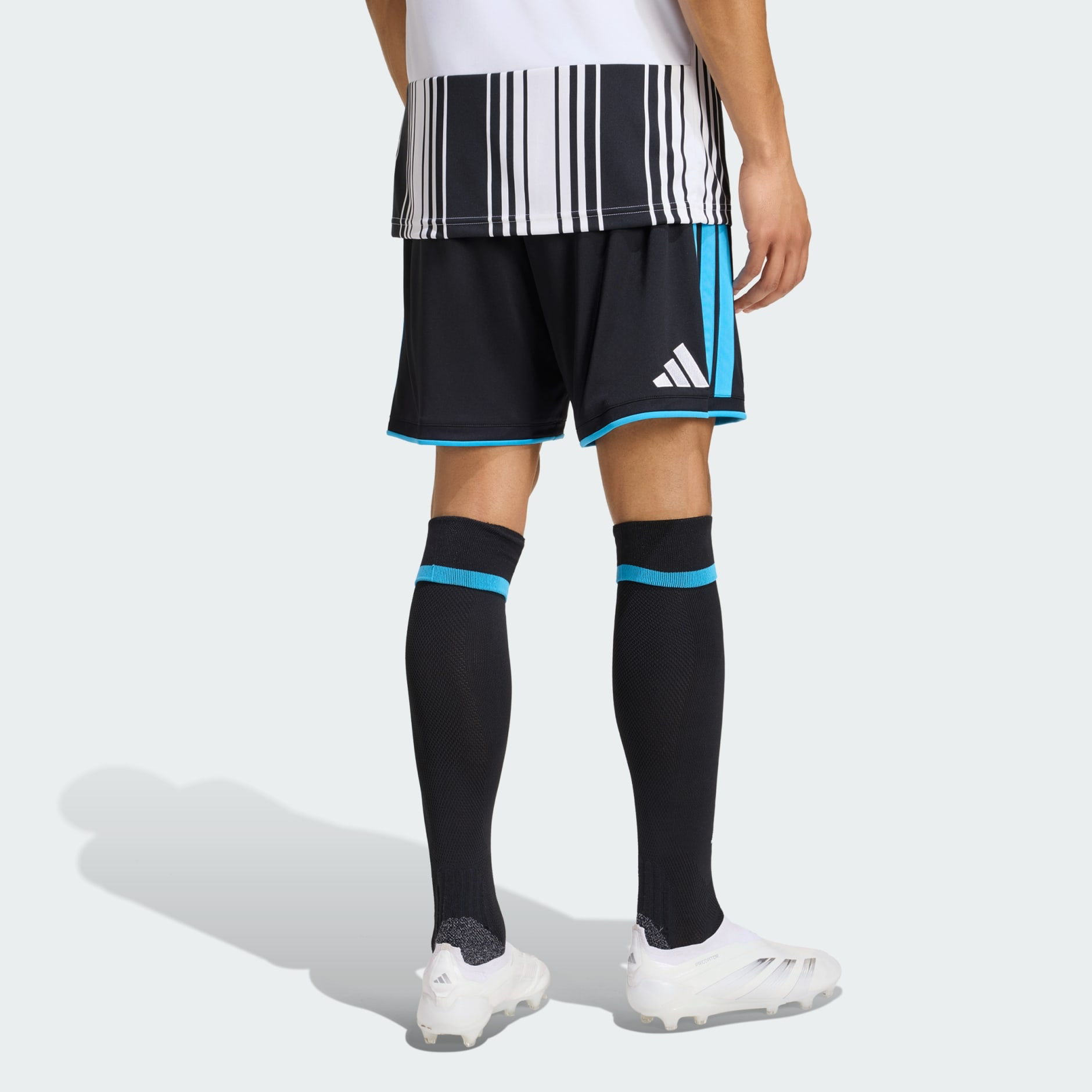 Mens Newcastle United Home Shorts 2026/27 Mens Newcastle United Home Shorts 2026/27 black shorts rear view showing white Adidas 3-bar logo and blue trim