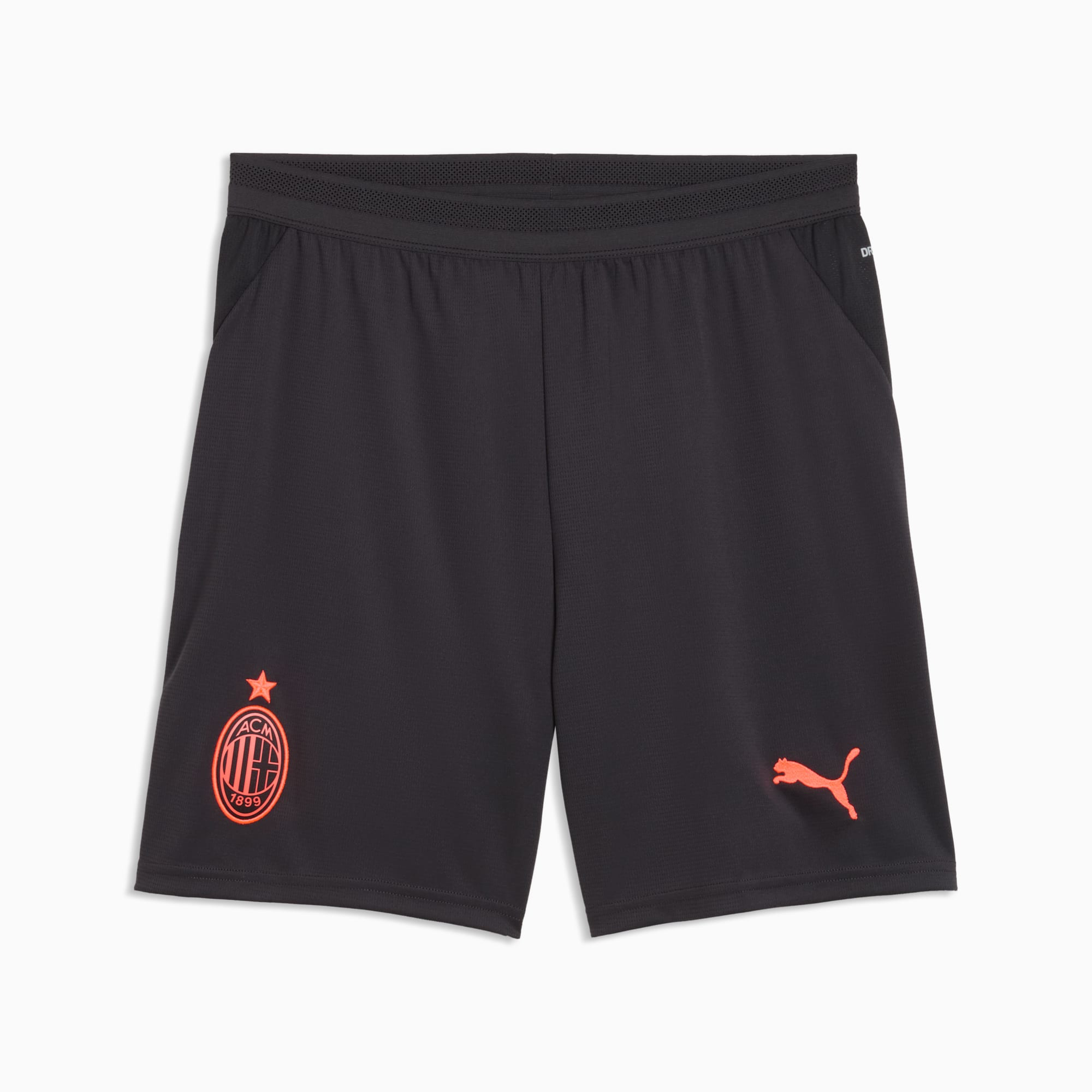 Mens AC Milan Third Shorts 2026/27 Mens AC Milan Third Shorts 2026/27 black shorts front view with neon coral Milan crest and Puma Cat