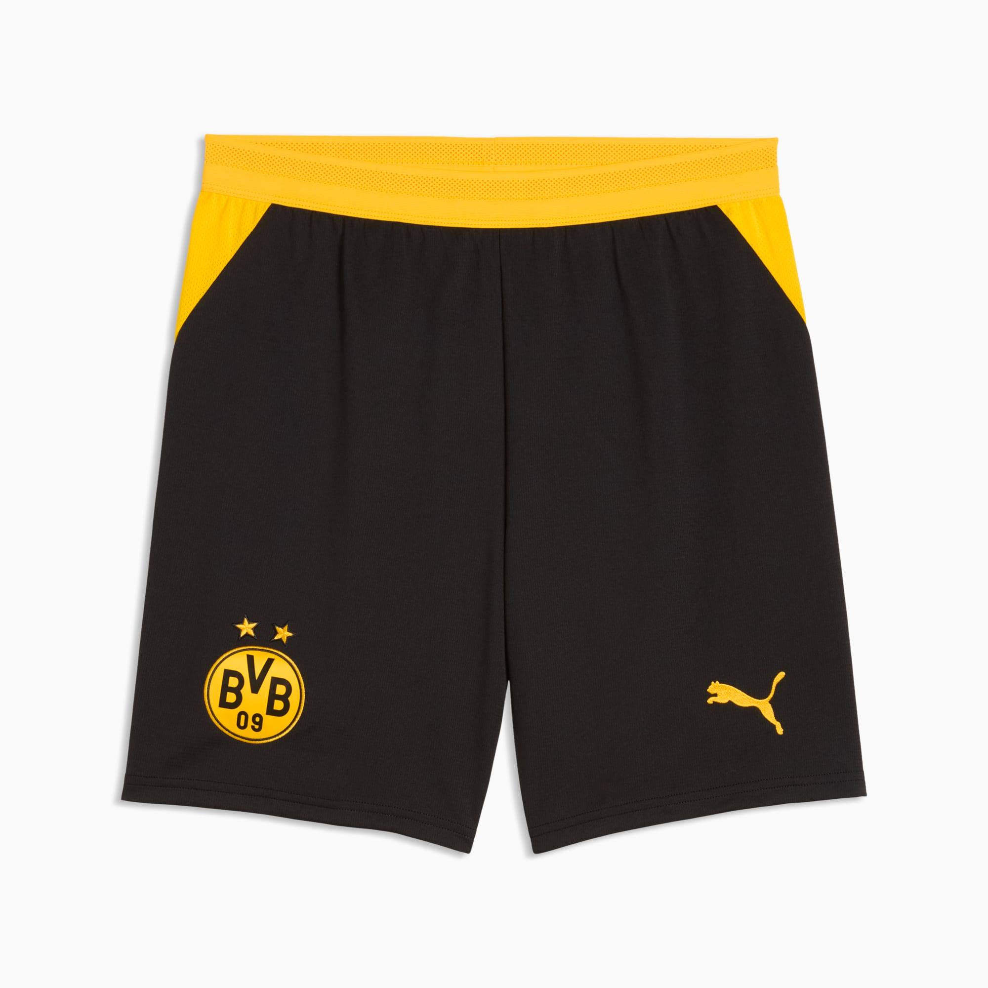 Mens Borussia Dortmund Home Shorts 2026/27 Mens Borussia Dortmund Home Shorts 2026/27 black shorts front view with yellow waistband and BVB crest