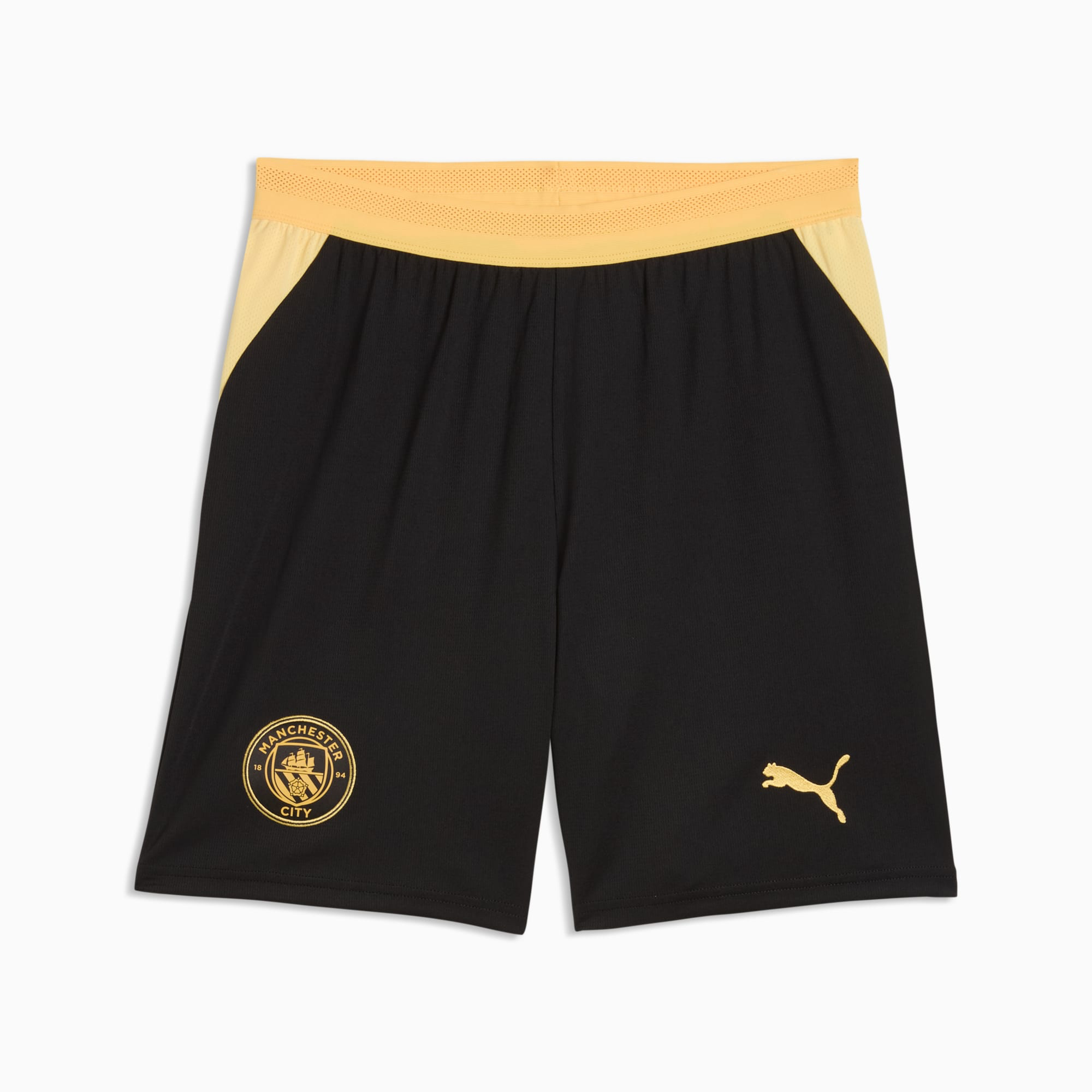 Mens Manchester City Away Shorts 2026/27 Mens Manchester City Away Shorts 2026/27 black shorts front view with gold mesh waist and City crest