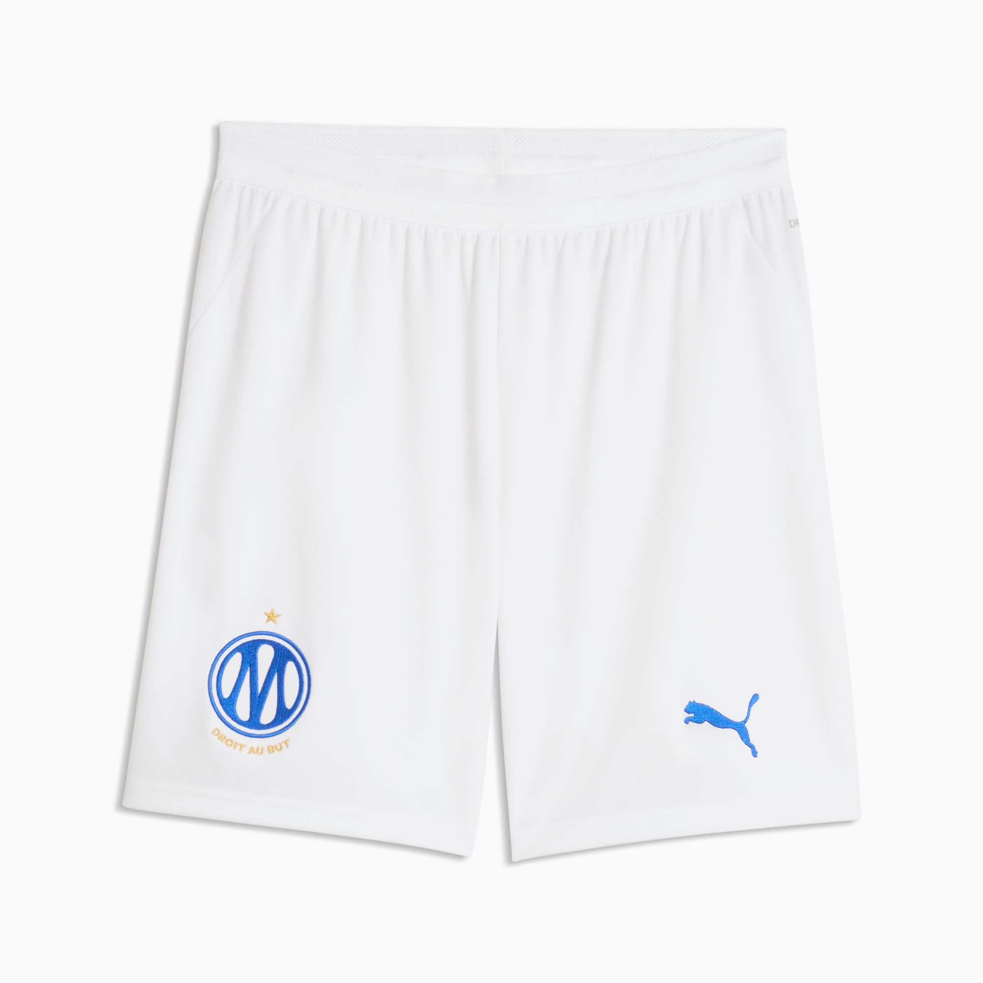 Mens Marseille Home Shorts 2026/27 Mens Marseille Home Shorts 2026/27 white shorts front view with blue OM crest and azure Puma Cat