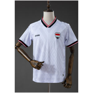 Mens Iraq Home Jersey 2026 front view in white with tonal geometric pattern and tricolor trim