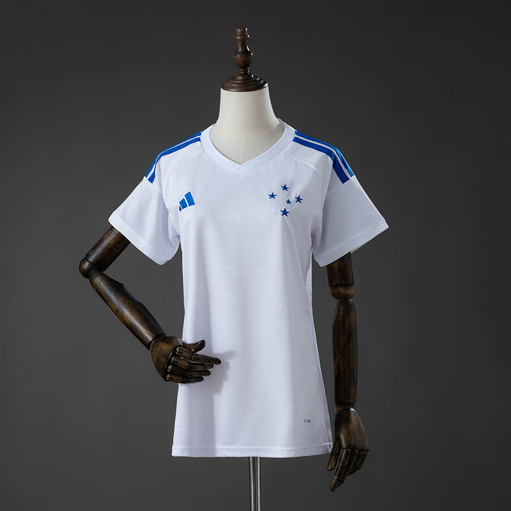 Womens Cruzeiro Away Jersey 2026/27 Womens Cruzeiro Away Jersey 2026/27 front view in white with blue stripes and 5-star crest