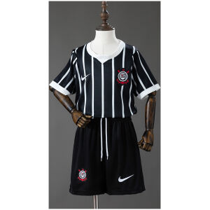 Kids Corinthians Away Kit 2026/27 Kids Corinthians Away Kit 2026/27 full uniform set front view with striped jersey and black shorts