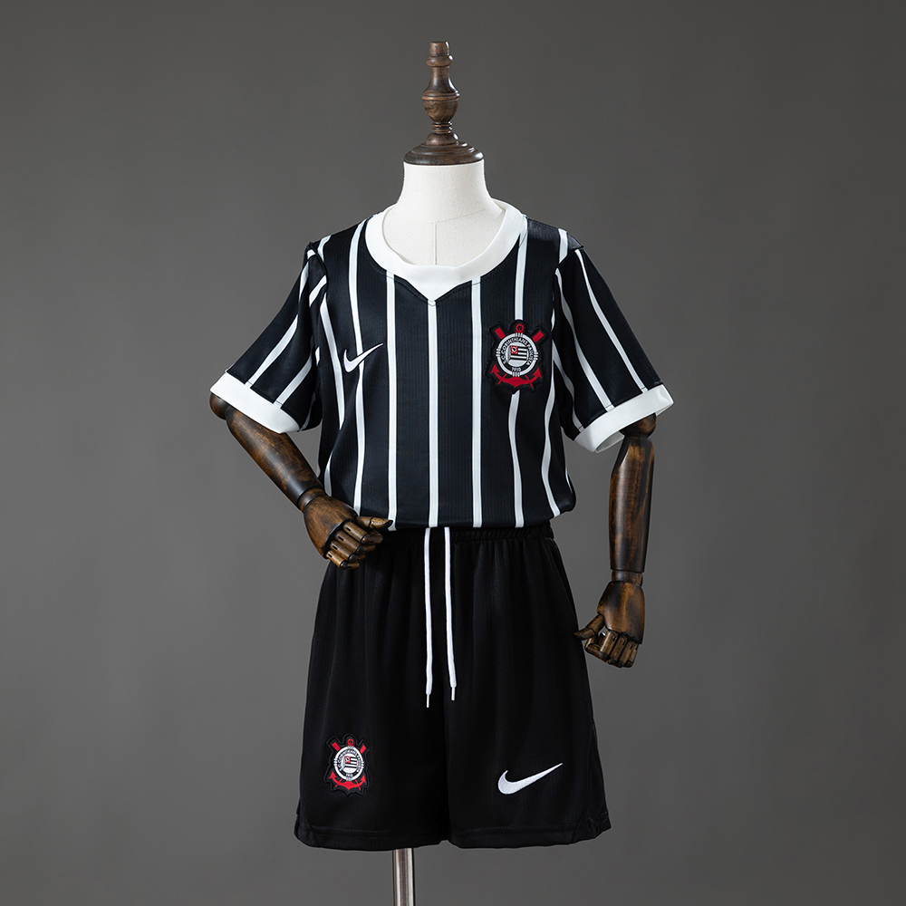Kids Corinthians Away Kit 2026/27 Kids Corinthians Away Kit 2026/27 full uniform set front view with striped jersey and black shorts