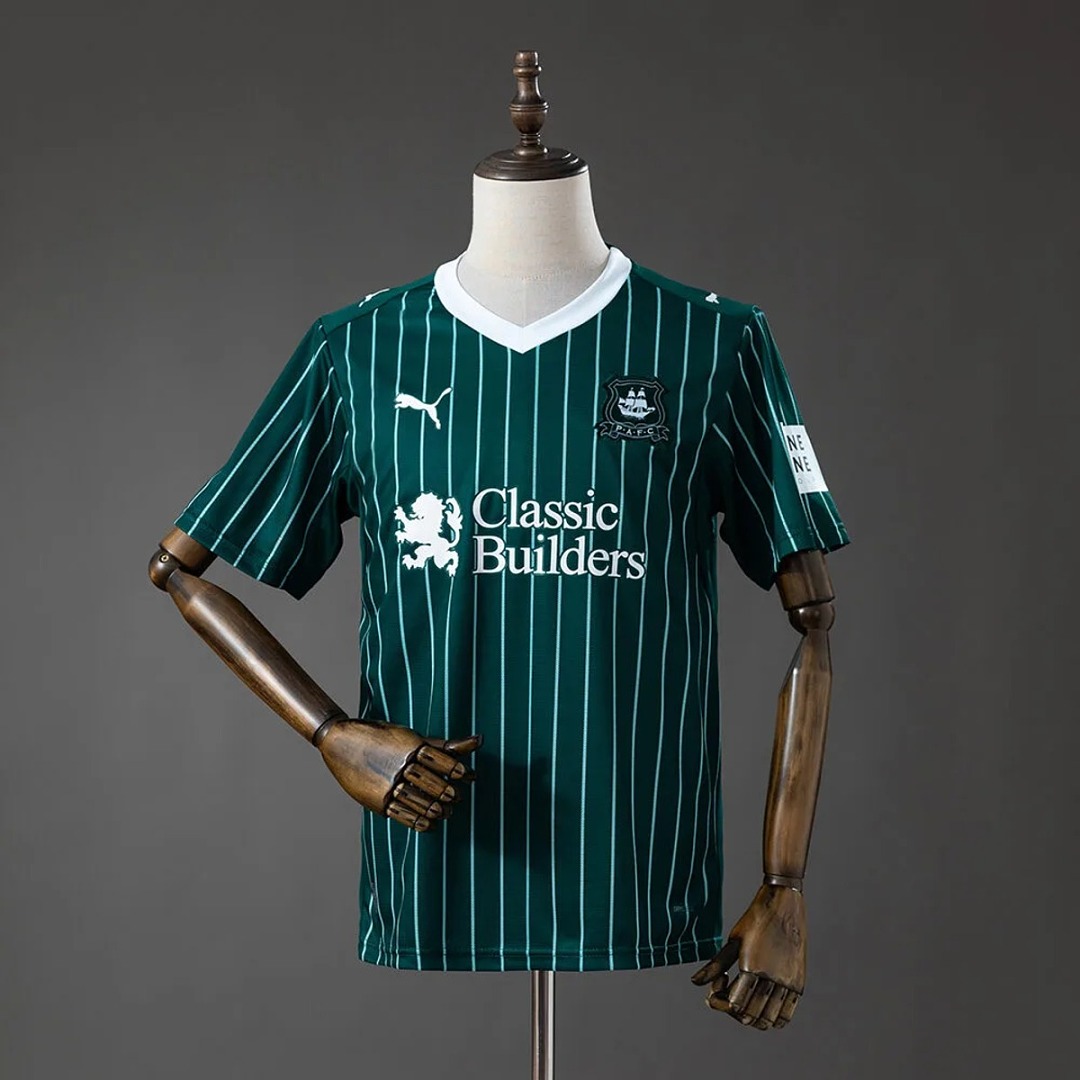 Mens Plymouth Argyle Home Jersey 2026/27 Mens Plymouth Argyle Home Jersey 2026/27 front view in dark pine green with pinstripes and Mayflower crest