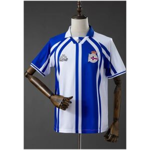 Mens Deportivo La Coruna X Bebet Pompeii Style Retro Collaboration Jersey 2026/27 front view with blue white stripes and polo collar