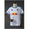 Mens Leeds United Home Jersey 2026/27 front view in white with blue and yellow pinstripes and Red Bull sponsor