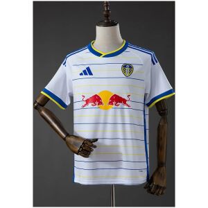 Mens Leeds United Home Jersey 2026/27 Mens Leeds United Home Jersey 2026/27 front view in white with blue and yellow pinstripes and Red Bull sponsor