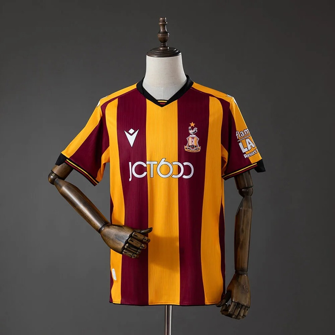 Mens Bradford City AFC Home Jersey 2026/27 Mens Bradford City AFC Home Jersey 2026/27 front view in claret and amber stripes with JCT600 sponsor