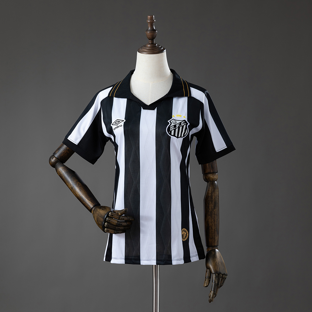 Womens Santos Away Jersey 2026/27 Womens Santos Away Jersey 2026/27 front view with black and white stripes and gold-trimmed polo collar