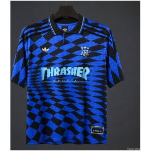 Mens Argentina x Thrasher x AFA Blue Checkered Collaboration Jersey 2026 Mens Argentina x Thrasher x AFA Blue Checkered Collaboration Jersey 2026 front view with blue checkerboard print and Thrasher logo