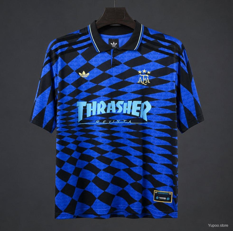 Mens Argentina x Thrasher x AFA Blue Checkered Collaboration Jersey 2026 Mens Argentina x Thrasher x AFA Blue Checkered Collaboration Jersey 2026 front view with blue checkerboard print and Thrasher logo