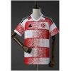Mens Fortuna Düsseldorf Home Jersey 2025/26 front view with red and white spray-painted hoops and F95 crest