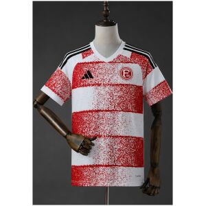 Mens Fortuna Düsseldorf Home Jersey 2025/26 front view with red and white spray-painted hoops and F95 crest