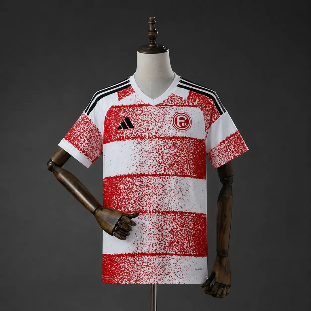 Mens Fortuna Düsseldorf Home Jersey 2025/26 Mens Fortuna Düsseldorf Home Jersey 2025/26 front view with red and white spray-painted hoops and F95 crest