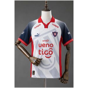 Mens Club Cerro Porteño Second Away Jersey 2026/27 front view with white body, navy sleeves, and red polo collar