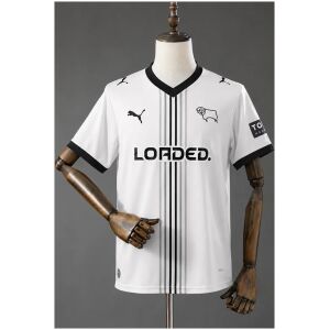Mens Derby County Home Jersey 2026/27 front view in white with black vertical center stripes and Ram crest