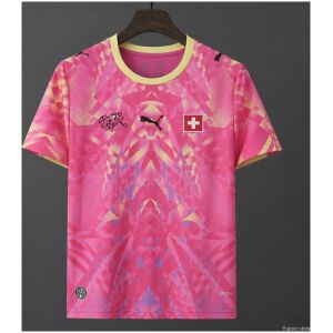 Mens Switzerland World Cup Pink Goalkeeper Jersey 2026 front view in neon pink with geometric kaleidoscope graphics