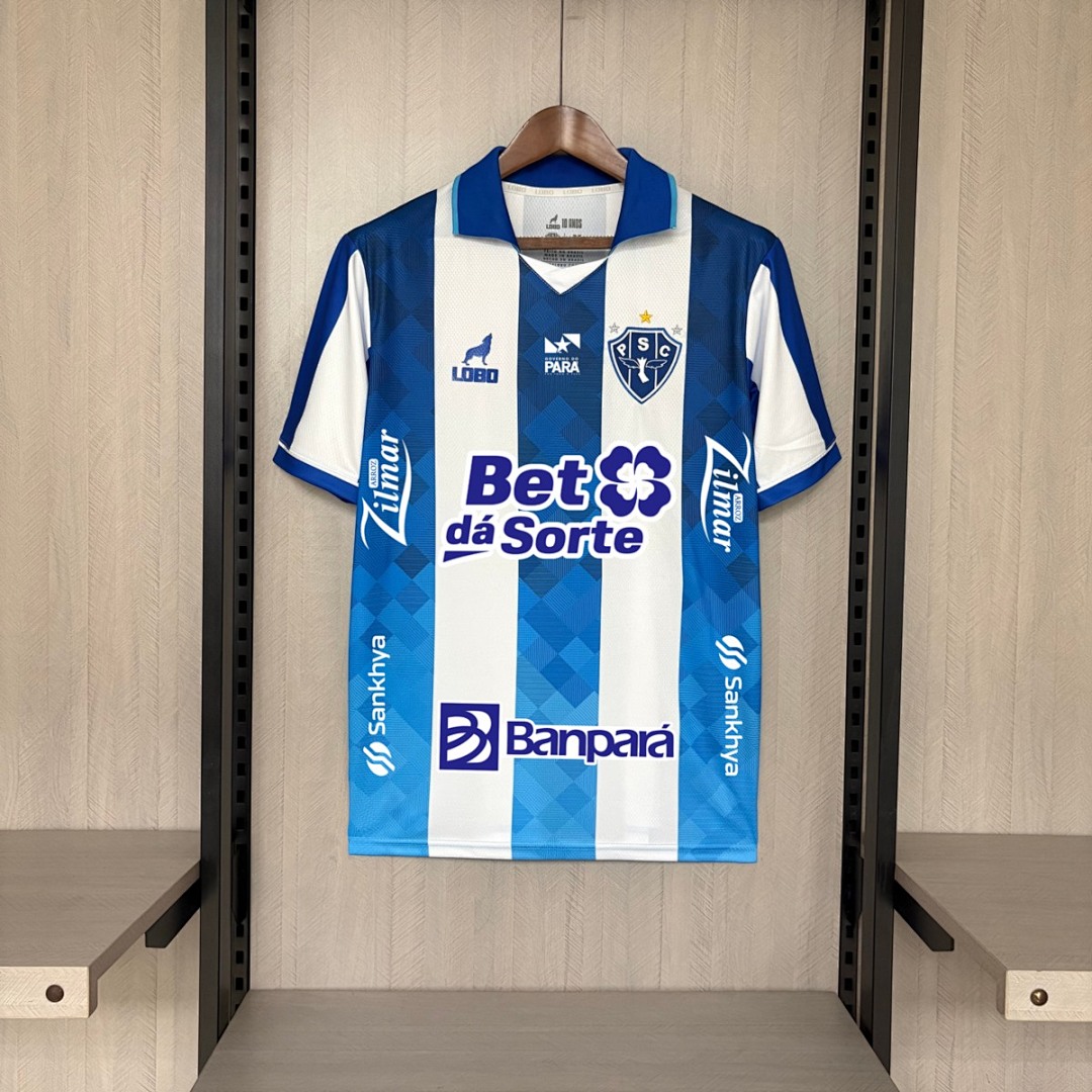 Mens Paysandu Para All Sponsor Home Jersey 2026/27 Mens Paysandu Para All Sponsor Home Jersey 2026/27 front view with blue and white stripes and match sponsors
