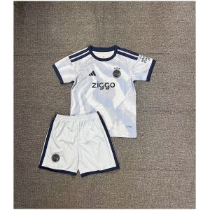 Kids Ajax Third Kit 2026/27 full uniform set front view with marbled blue jersey and white shorts