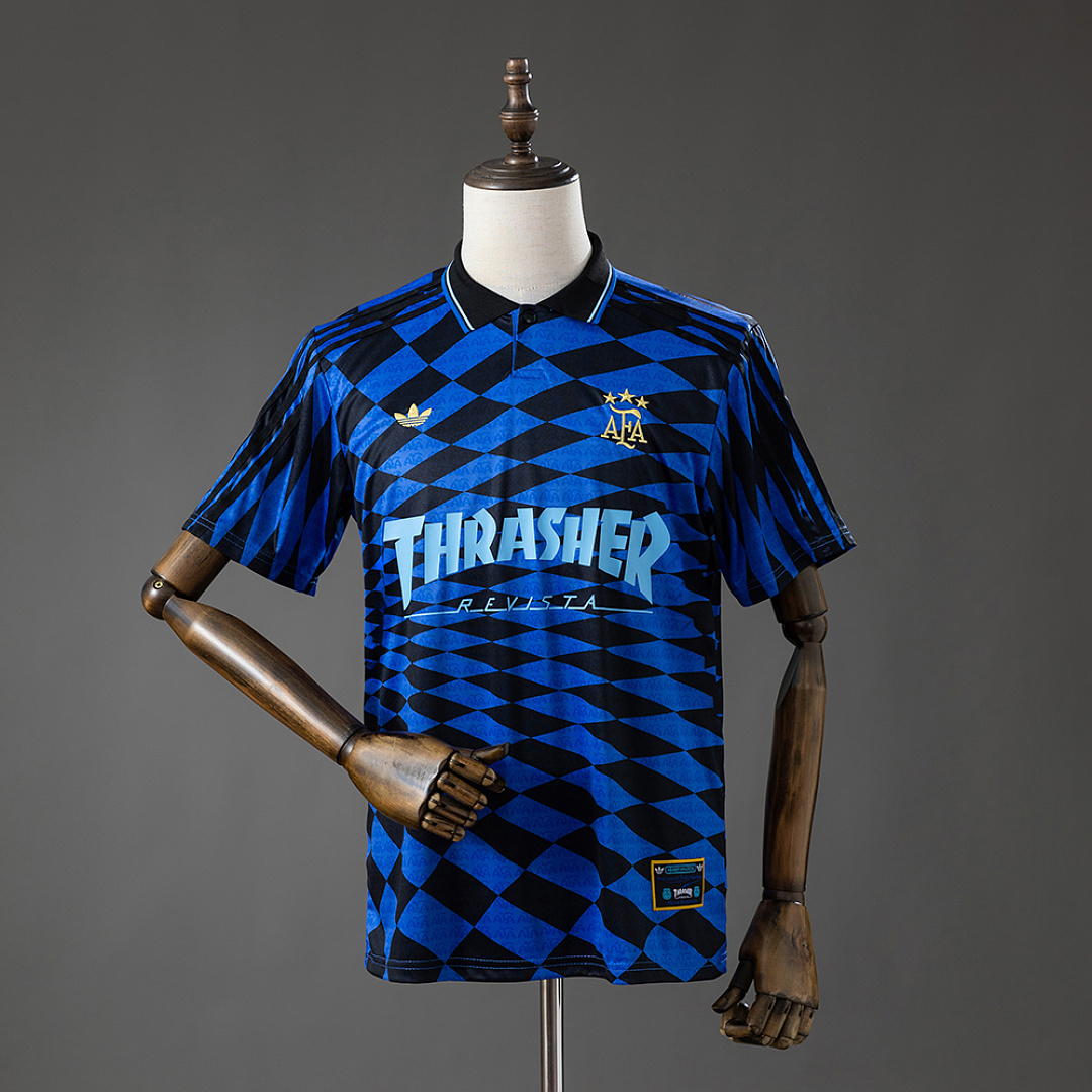 Mens Original X Thrasher X AFA Argentina Collaboration Jersey Mens Original X Thrasher X AFA Argentina Collaboration Jersey front view in blue and black argyle
