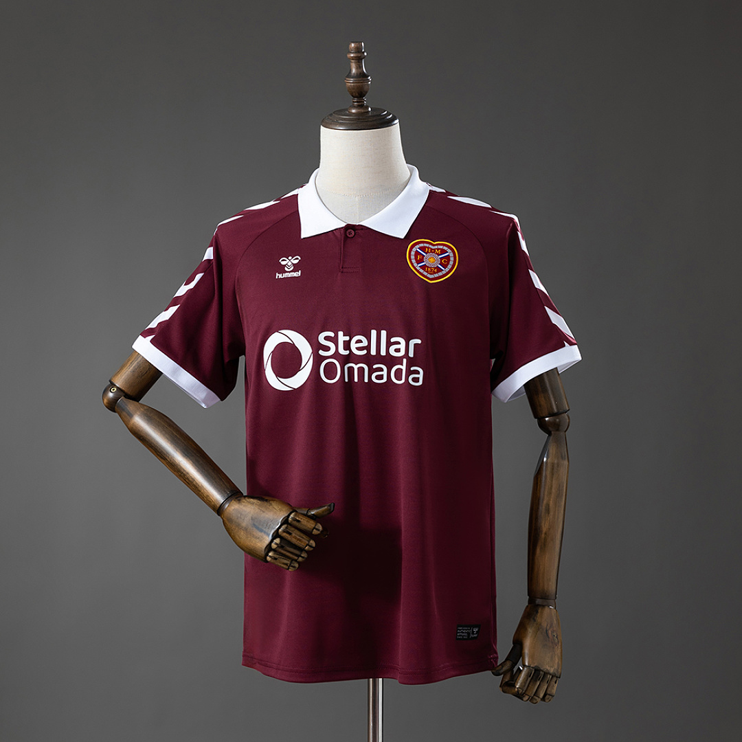 Mens Hearts Home Jersey 2026/27 Mens Hearts Home Jersey 2026/27 front view in maroon claret with white polo collar