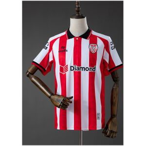 Mens Derry City Home Jersey 2026/27 front view in red and white stripes with polo collar