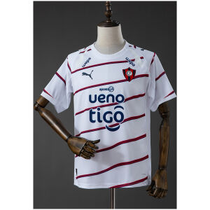 Mens Cerro Porteño Away Jersey 2026/27 front view in white with navy and red diagonal stripes