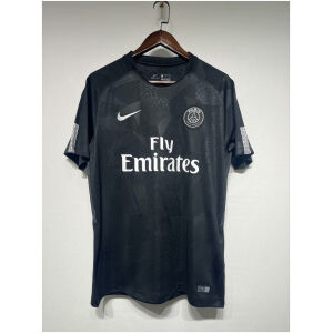 Mens PSG Retro Third Jersey 2017/18 front view on hanger in black with white Fly Emirates sponsor