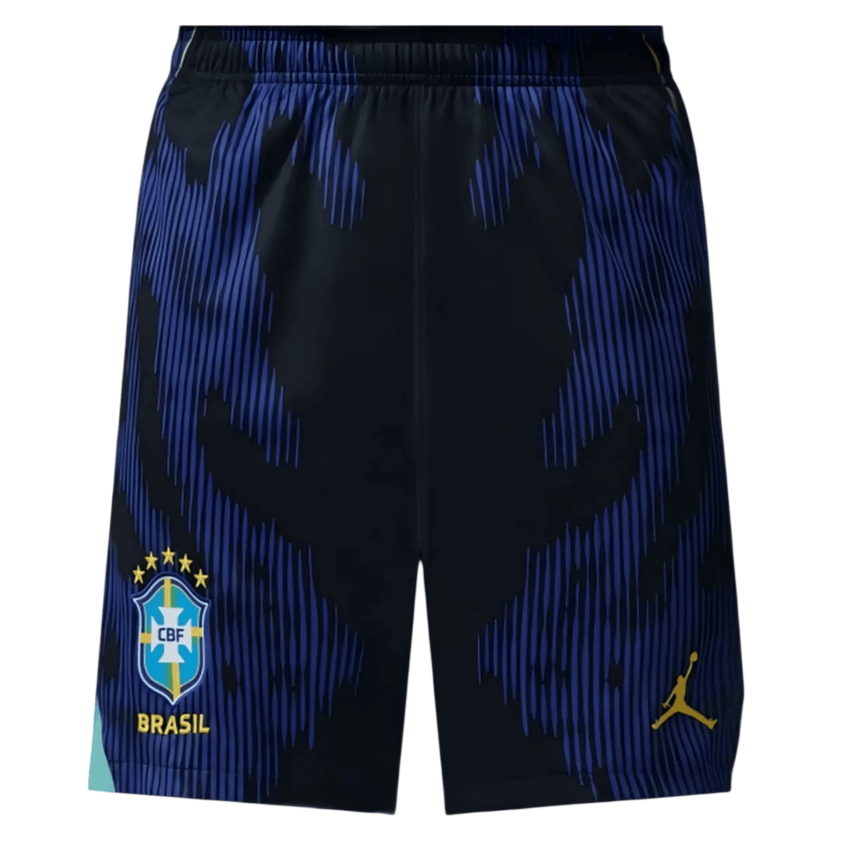 Mens Brazil Away Shorts 2026 Mens Brazil Away Shorts 2026 front view with royal blue brushstroke pattern and 5-star CBF crest