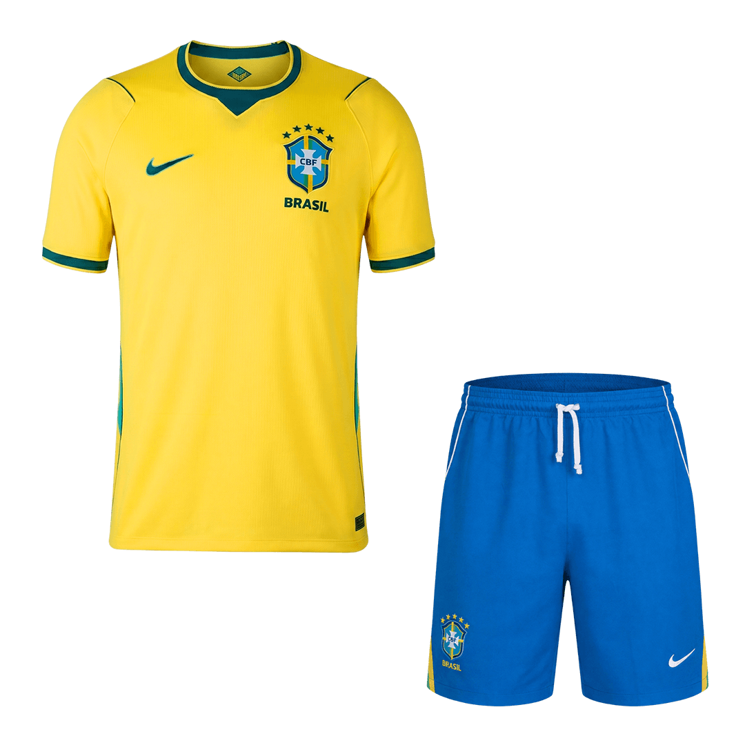 Mens Brazil Home Kit 2026 Mens Brazil Home Kit 2026 full uniform set front view with yellow jersey and blue shorts