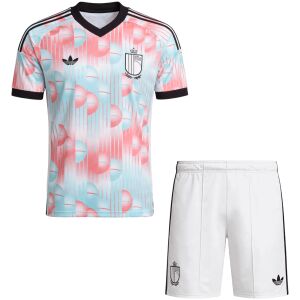 Mens Belgium Away Kit 2026 full uniform set front view with pastel graphic shirt and white shorts