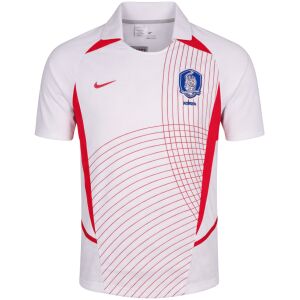 Mens South Korea Retro Away Jersey 2002 front view in white with red curved arc pattern and KFA crest