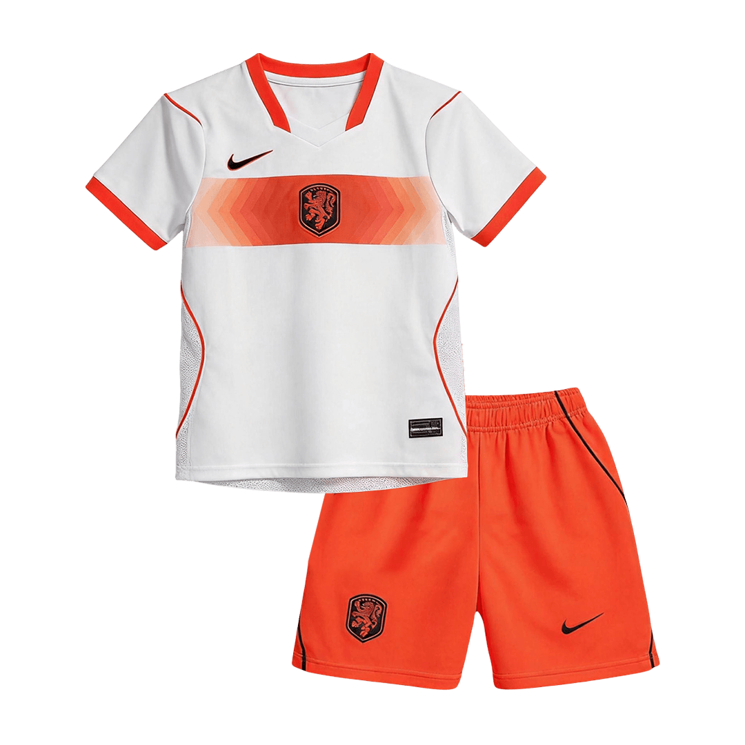 Kids Uzbekistan Away Kit 2026 Kids Uzbekistan Away Kit 2026 youth uniform set front view with white graphic jersey and orange shorts