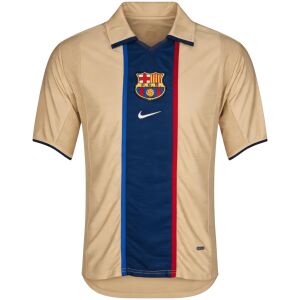 Mens Barcelona Retro Away Jersey 2001/03 front view in champagne gold with central Blaugrana stripe