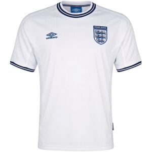 Mens England Retro Home Jersey 2000 front view in white with navy tipped collar and Three Lions crest