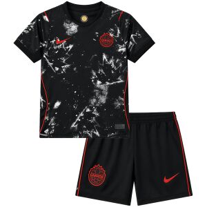 Kids Canada Away Kit 2026 complete black uniform set front view with splatter leaf jersey and shorts