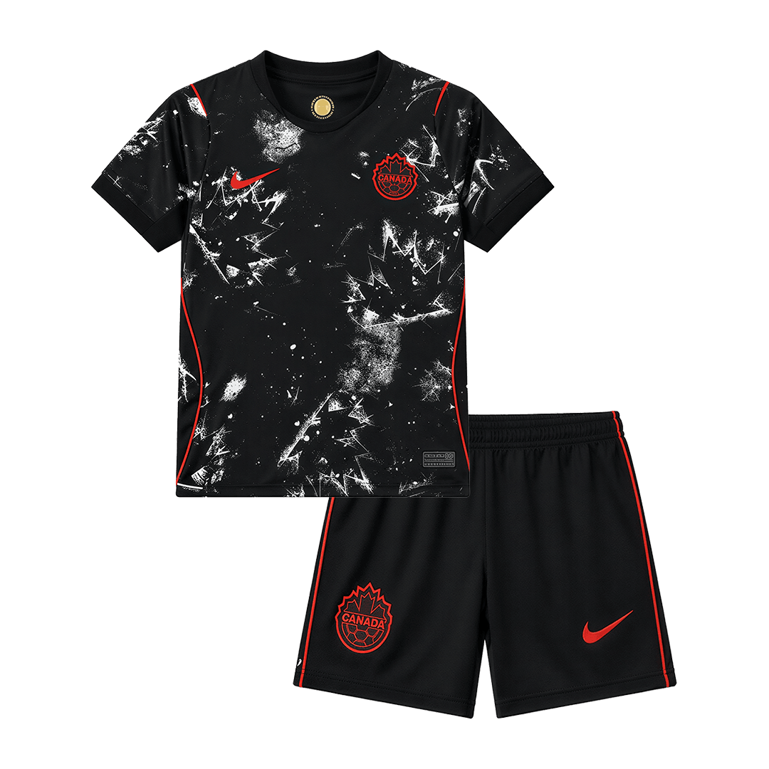Kids Canada Away Kit 2026 Kids Canada Away Kit 2026 complete black uniform set front view with splatter leaf jersey and shorts
