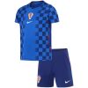 Kids Croatia Away Kit 2026 complete blue uniform set front view with checkered jersey and shorts