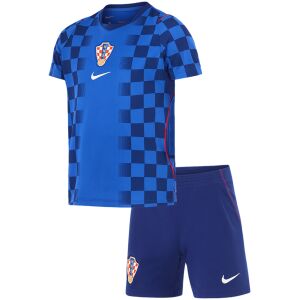Kids Croatia Away Kit 2026 complete blue uniform set front view with checkered jersey and shorts