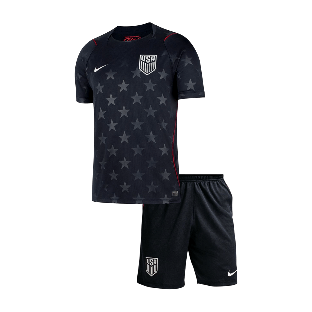 Kids USA Away Kit 2026 Kids USA Away Kit 2026 complete black uniform set front view with star graphic jersey and shorts