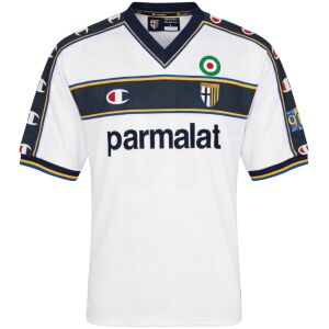 Mens Parma Calcio 1913 Retro Away Jersey 2002/03 front view in white with navy chest band and Parmalat