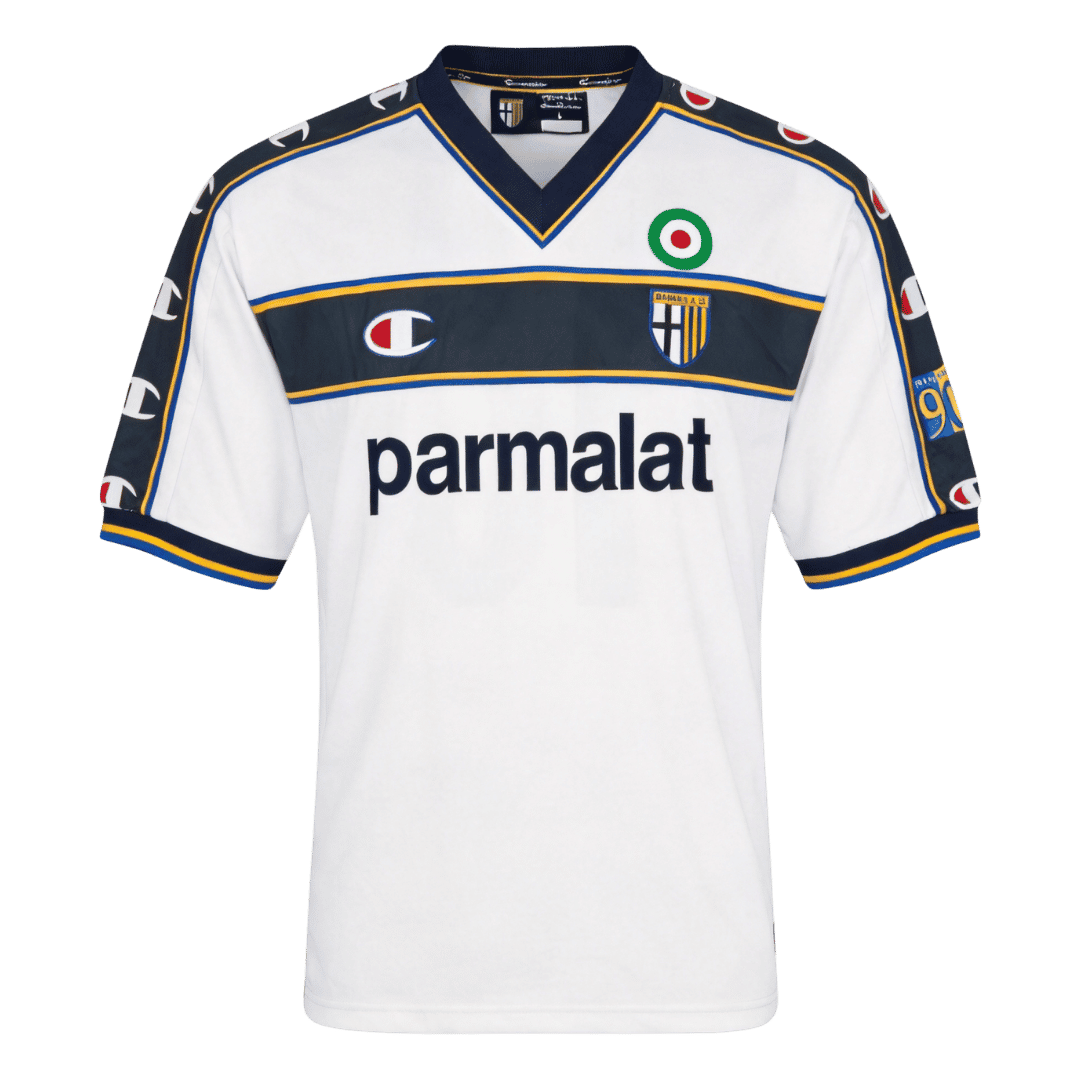 Mens Parma Calcio 1913 Retro Away Jersey 2002/03 Mens Parma Calcio 1913 Retro Away Jersey 2002/03 front view in white with navy chest band and Parmalat