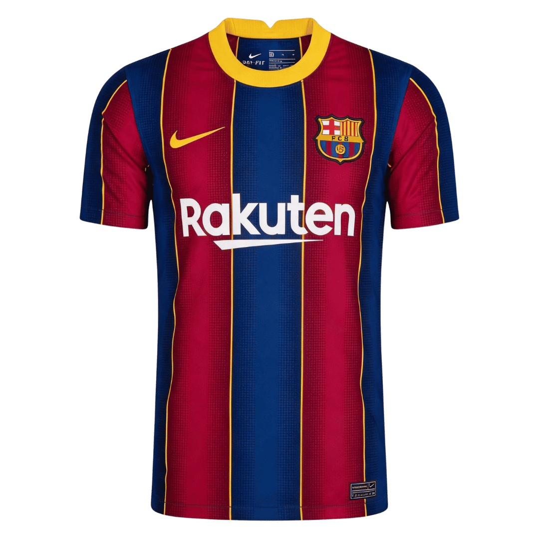 Mens Barcelona Retro Home Jersey 2020/21 Mens Barcelona Retro Home Jersey 2020/21 front view in Blaugrana stripes with Rakuten sponsor