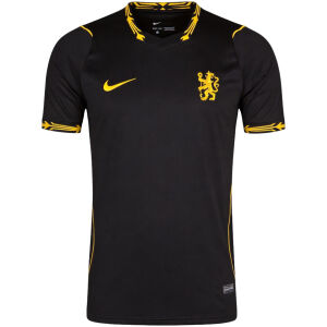 Mens Chelsea Away Jersey 2026/27 front view in black with yellow geometric trim and lion crest