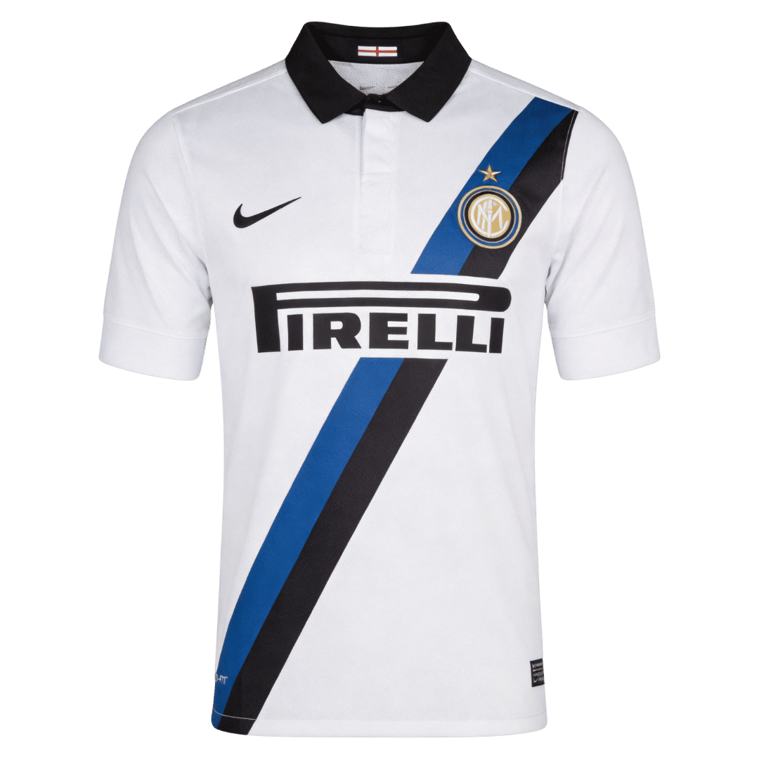 Mens Inter Milan Retro Away Jersey 2011/12 Mens Inter Milan Retro Away Jersey 2011/12 front view in white with blue and black diagonal sash and polo collar