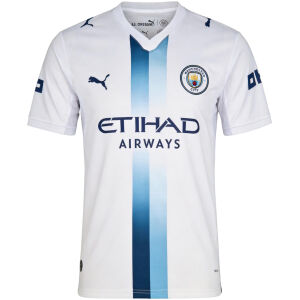 Mens Manchester City Third Jersey 2026/27 front view in white with navy and sky blue central stripe