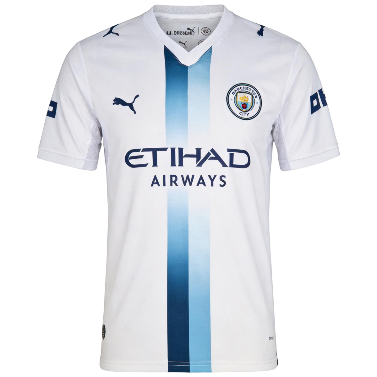 Mens Manchester City Third Jersey 2026/27 Mens Manchester City Third Jersey 2026/27 front view in white with navy and sky blue central stripe