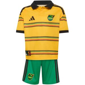 Kids Jamaica Home Kit 2026 youth set front view with gold folk-patterned polo jersey and green shorts